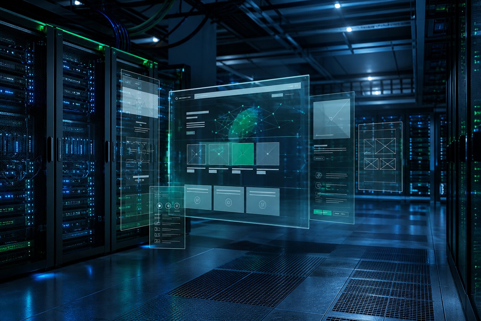 Racks de servidores 3D y paneles de sitios web en un centro de datos corporativo